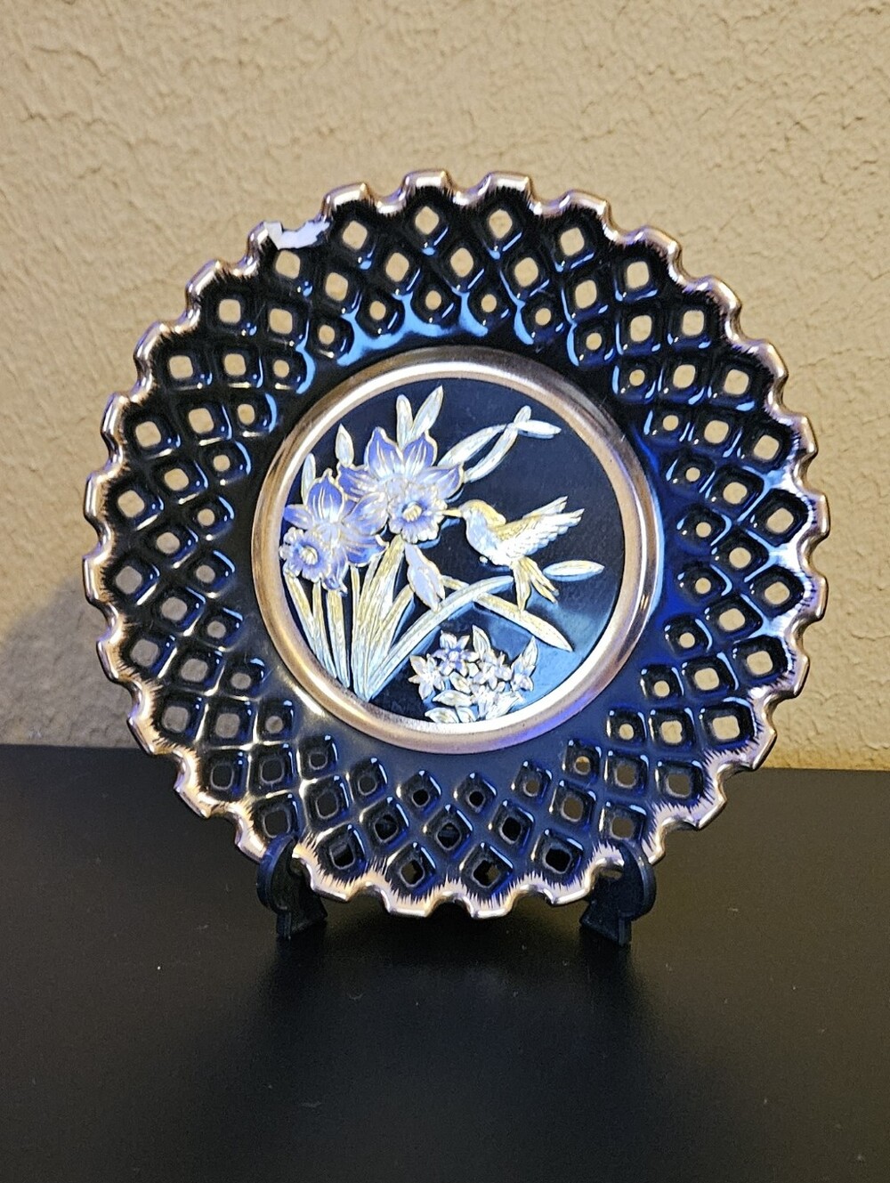 Vintage Blue Ceramic Lattice Plate with Floral and Hummingbird